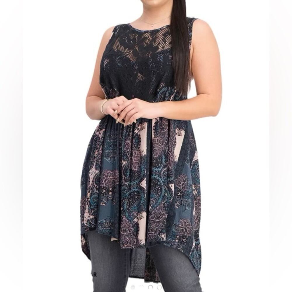 Free People Count Me In Trapeze Tunic Mini Dress Black lace Sz Small